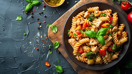 Photo of chicken pasta with vegetables on a wooden board and gray concrete background