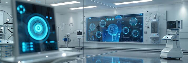 Leinwandbilder - A modern medical laboratory showcasing AI-powered diagnostic tools, including a high-tech scanner analyzing patient data on a large screen. Generative AI