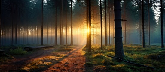Fototapete - Sunset Sunrise In Atumn Coniferous Forest Trees Nature Woods HDR. Creative banner. Copyspace image
