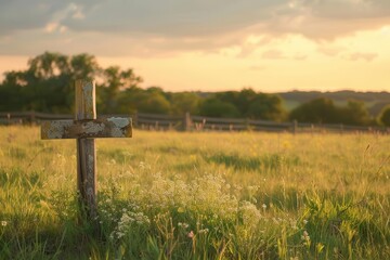 Wall Mural - serene christian cross in a tranquil field at golden hour religious concept photograph
