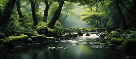 Wall Mural - Quiet river runs between trees. Creative banner. Copyspace image