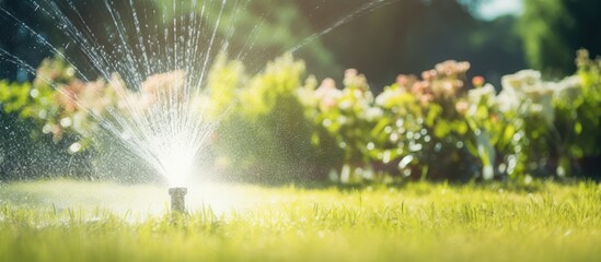 Poster - Water the lawn and trees during the sunshine in the garden with sprinkler The wide field background is a beautiful view and a soft blur. Creative banner. Copyspace image