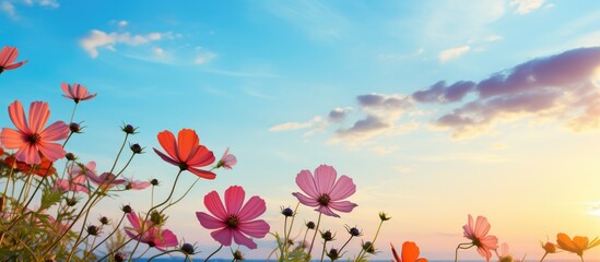 Aufkleber - summer flowers at sunset and blue sky. Creative banner. Copyspace image