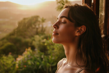 A woman with closed eyes enjoys nature, her face radiating serenity and peace, reflecting a moment of pure tranquility.