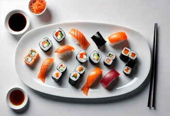 Wall Mural - top view of popular Asian food Sushi, sushi in the dish