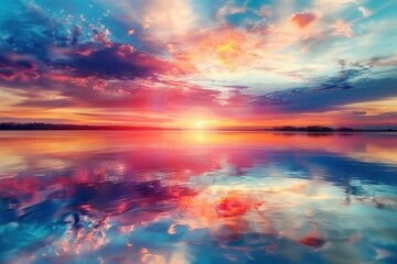 Sticker - serene sunrise over calm lake with reflection of colorful sky tranquil landscape photography