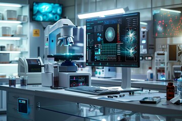 Leinwandbilder - A sleek, modern medical laboratory featuring a high-tech scanner analyzing patient data on a large screen. Generative AI