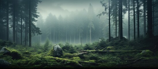 Wall Mural - Misty morning in the woods. Creative banner. Copyspace image