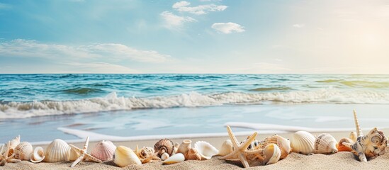 Fototapete - Shells on the sand. Creative banner. Copyspace image