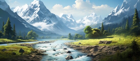 Fototapete - Mountain river Amazing mountain views. Creative banner. Copyspace image