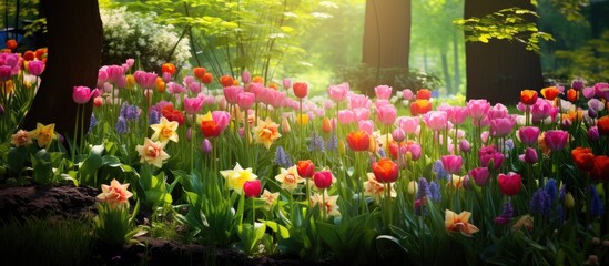 Poster - Fresh tulips garden. Creative banner. Copyspace image
