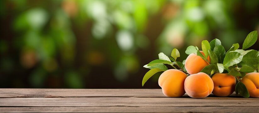 Fresh ripe fruit apricots with green leaves on a wooden table. Creative banner. Copyspace image