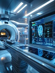 Leinwandbilder - A modern medical laboratory with a high-tech scanner analyzing patient data on a large screen. The lab is equipped with advanced medical equipment. Generative AI