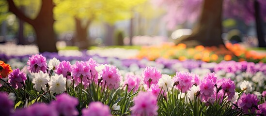 Poster - Vibrant beautiful botanic garden with various flowers and leaves in spring time blurred background floral wallpaper. Creative banner. Copyspace image