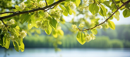 Poster - flowers blossoming tree linden wood used for the preparation of healing tea natural background spring. Creative banner. Copyspace image