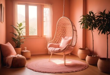 interior design style- reading nook with a hanging rattan chair, cozy floor pouf, and a macrame wall hanging