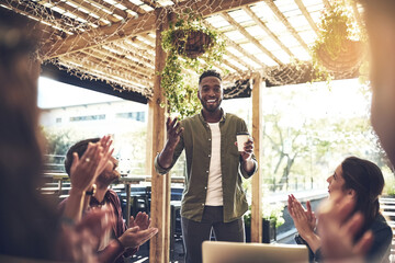 Sticker - Black man, cafe and presentation with applause for meeting, thank you or creative discussion. Young African, male person or group of employees clapping for promotion or team building at coffee shop