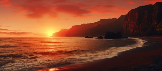 Poster - madeira island beach sunset dust red orange rock ocean water cliff sky golden. Creative banner. Copyspace image