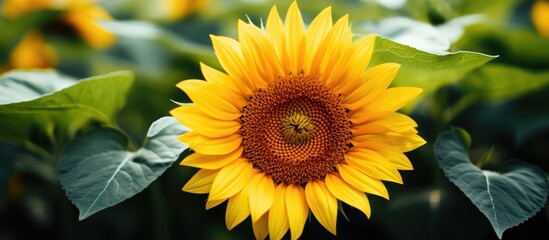 Aufkleber - Close up of sunflower Big yellow flower with big green leaf. Creative banner. Copyspace image