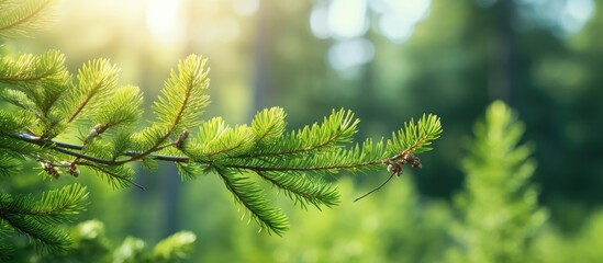 Wall Mural - branches of a coniferous plant in summer wild nature. creative banner. copyspace image