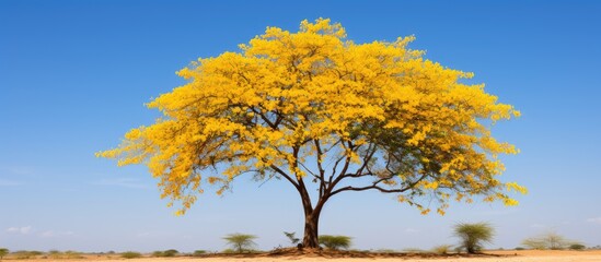 Wall Mural - yellow flowers of tipuana tipu tree. creative banner. copyspace image