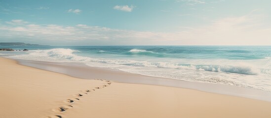 Poster - Sea beach with footprints. Creative banner. Copyspace image
