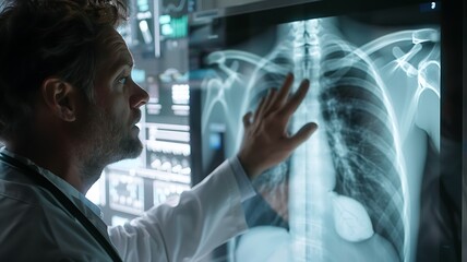 Wall Mural - See a doctor carefully reviewing a virtual x-ray projection with focused attention, capturing the role of advanced technology in medical diagnostics and the ongoing commitment to improving healthcare
