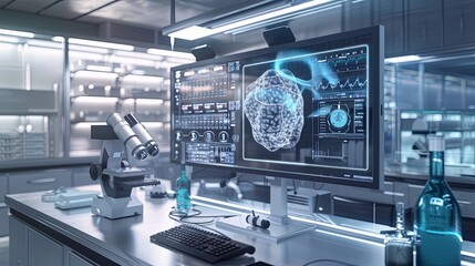 Leinwandbilder - Professional medical lab with AI-powered diagnostic tools displaying patient data on large screen. Advanced equipment and microscope in foreground. Generative AI