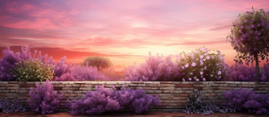 Aufkleber - View of lavander garden over brick walls and sunset sky. Creative banner. Copyspace image