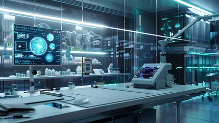 Leinwandbilder - A modern medical laboratory with advanced equipment and a large screen displaying patient data, highlighting the use of AI in diagnostics. Generative AI