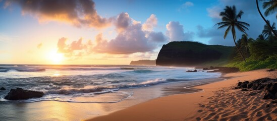 Poster - Kauai beach sunrise with cliff in the background. Creative banner. Copyspace image