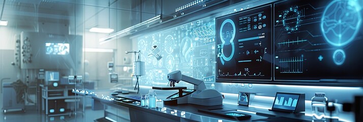 Leinwandbilder - A futuristic medical laboratory equipped with high-tech AI diagnostic tools, including a large screen displaying patient data and a robotic scanner. Generative AI