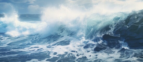 Poster - waves crashing on the rocks. Creative banner. Copyspace image