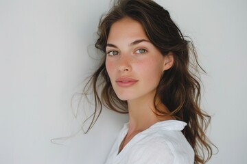 Close-up of a woman with a natural look in a white shirt.