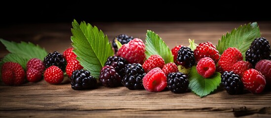 Poster - Fresh juicy berries with green leaves on wood texture. Creative banner. Copyspace image