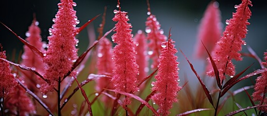 Poster - Red grass flowers with green leaves in the late rainy early winter rain. Creative banner. Copyspace image