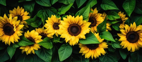 Aufkleber - sun flowers with green leafs. Creative banner. Copyspace image