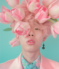 Wall Mural - Portrait of a young man with pastel pink hair adorned with tulips against a teal background. Creative and surreal fashion with a soft, modern aesthetic.