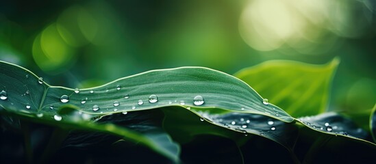 Aufkleber - freshness water drop on dark green leave in nature garden background. Creative banner. Copyspace image