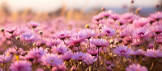 Poster - Perennial pink aster flowers in the meadow on an autumn warm day. Creative banner. Copyspace image