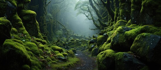 Poster - green moss on the stones rocky tropic with moss black small stones and green moss Overgrown forest wild path with green moss and high spruce tree POV nature explore shot. Creative banner