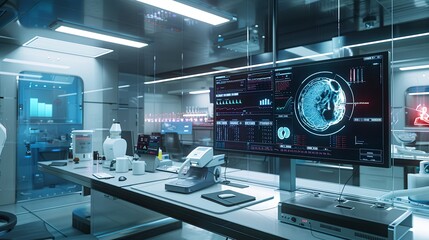 Leinwandbilder - A sterile, modern medical laboratory featuring a large screen displaying patient data analyzed by AI-powered diagnostic tools. Generative AI