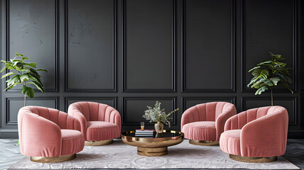 Large master living room in dark black gray colors. Rose pink set of chairs and gold table 