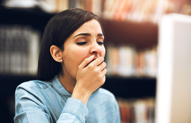 Poster - Tired, student and woman in library, yawning and exhausted with deadline, overworked and burnout. Education, university and girl with fatigue, stress and studying for exams, sleepy and research