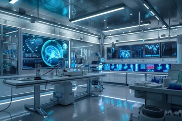 Leinwandbilder - A modern medical laboratory with AI-powered diagnostic tools, including a large screen displaying patient data. Generative AI