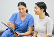 © Maass/peopleimages.com - People, women and doctor with clipboard for document or insurance compliance and consultation in clinic. Female patient, healthcare and dentist with paperwork results for oral exam and conversation