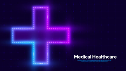 Aufkleber - Blue Purple Neon Plus Sign Background. Led Lights Aid and Health Care for Hospital Emergency Banner. Medical Symbol of Emergency Help. Math Plus Vector Illustration.