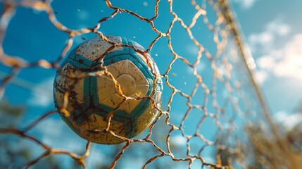 Wall Mural - A weathered soccer ball rests inside a goal net, with the sunlight casting a warm glow on the textured surface