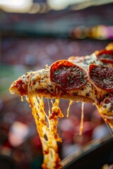 Wall Mural - Close-Up of Pizza Slice with Blurred Football Stadium Background