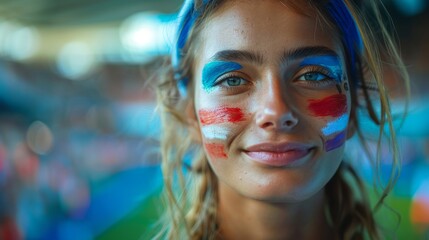 Wall Mural - Cheerful young woman with patriotic face paint smiles at a sporting event, showing spirit and enthusiasm